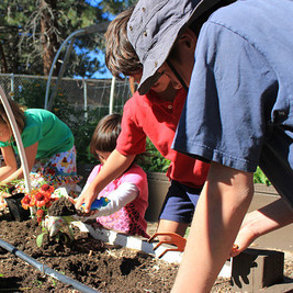 Two Adults and Two Children planting a garden