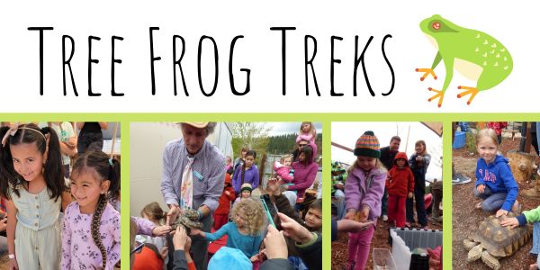 Tree Frog Treks event with children holding reptiles and amphibians and frog graphic